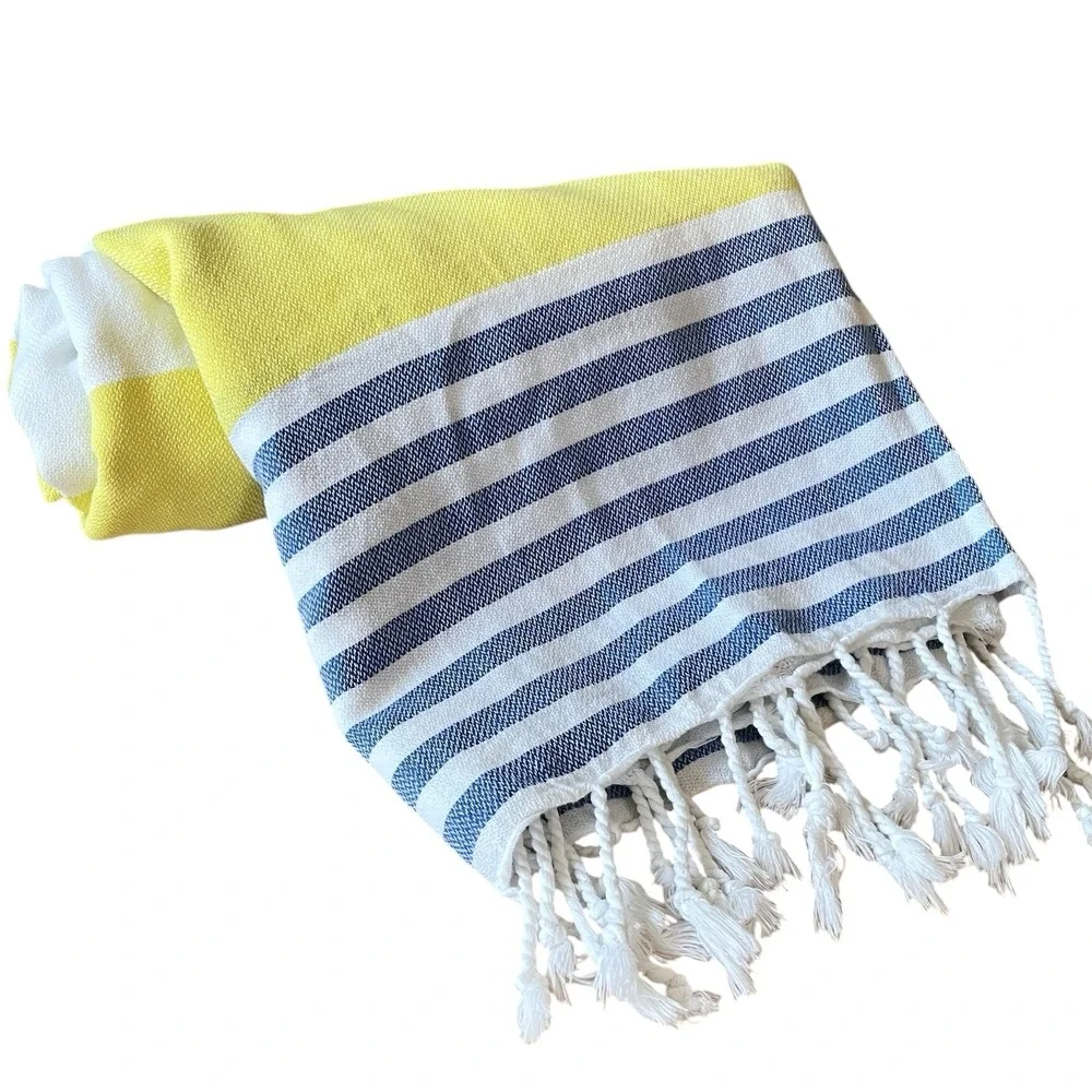 Nautical Striped Beach‎ Throw 100% Cotton Oversized Tassel Towel Preppy Coastal